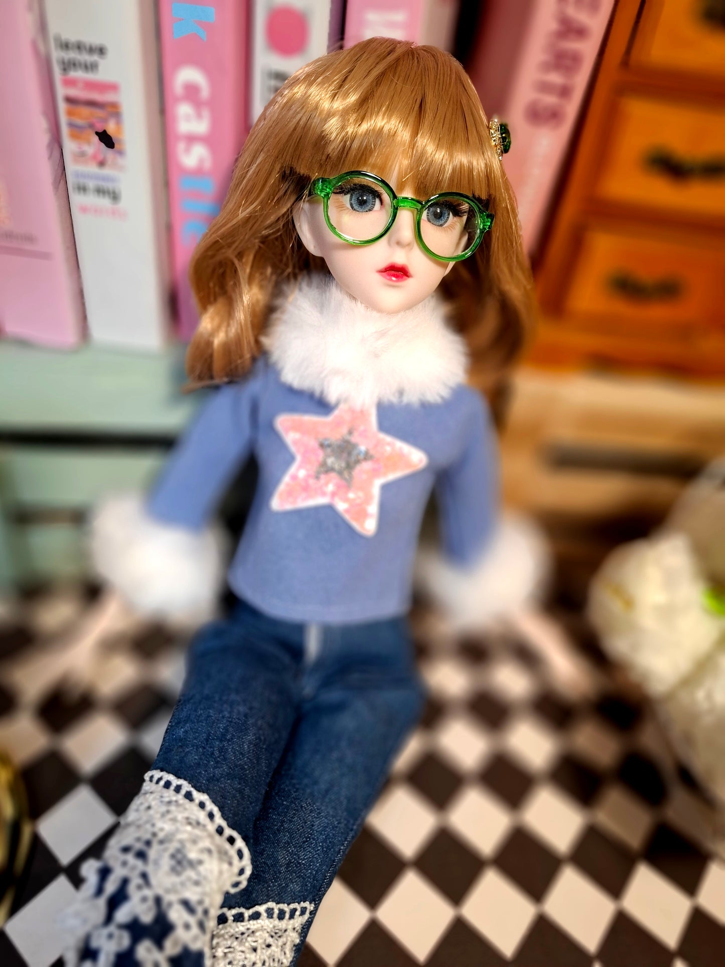 Nostalgic Golden Blonde Girl in Flared Blue Jeans with Vintage Glasses 1/3 60cm BJD Doll