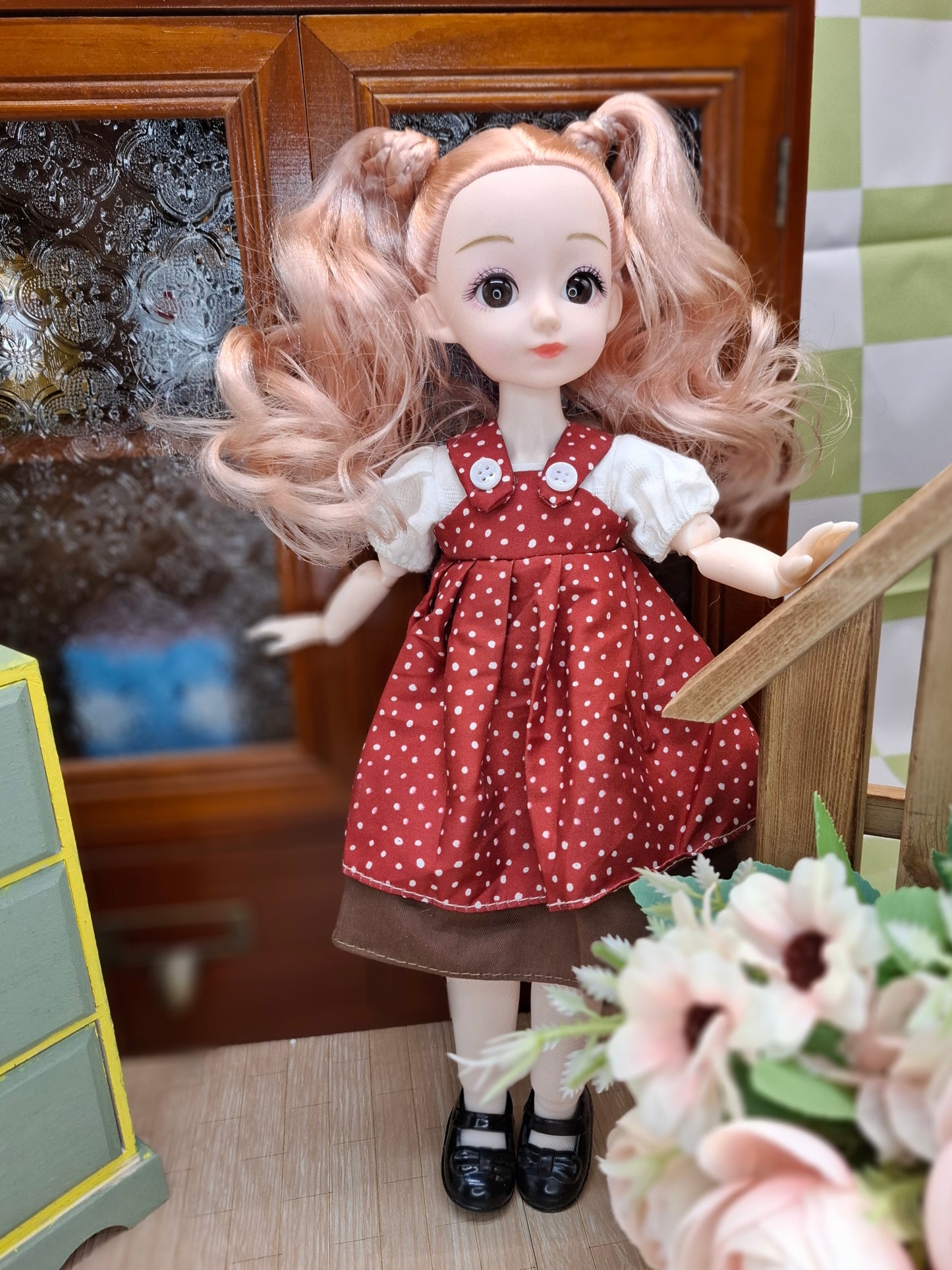 Sarah the Waldorf Doll with blonde hair in red dress 30cm BJD Doll