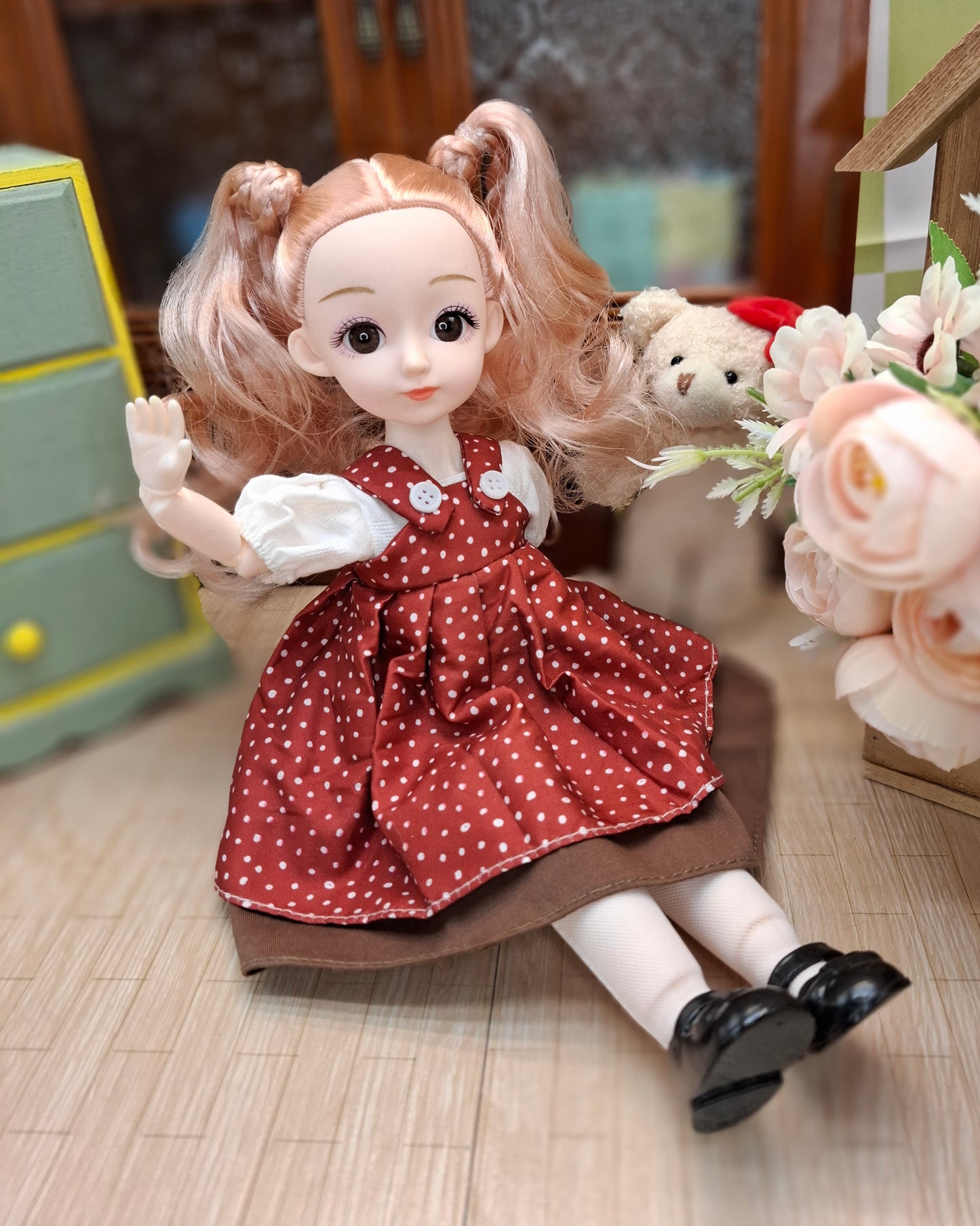 Sarah the Waldorf Doll with blonde hair in red dress 30cm BJD Doll
