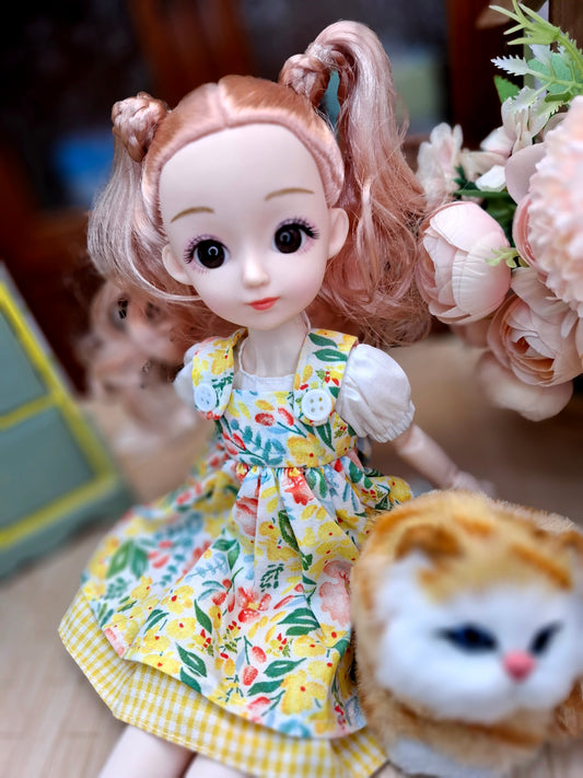 Sarah the Waldorf Doll with blonde hair in yellow floral dress 30cm BJD Doll