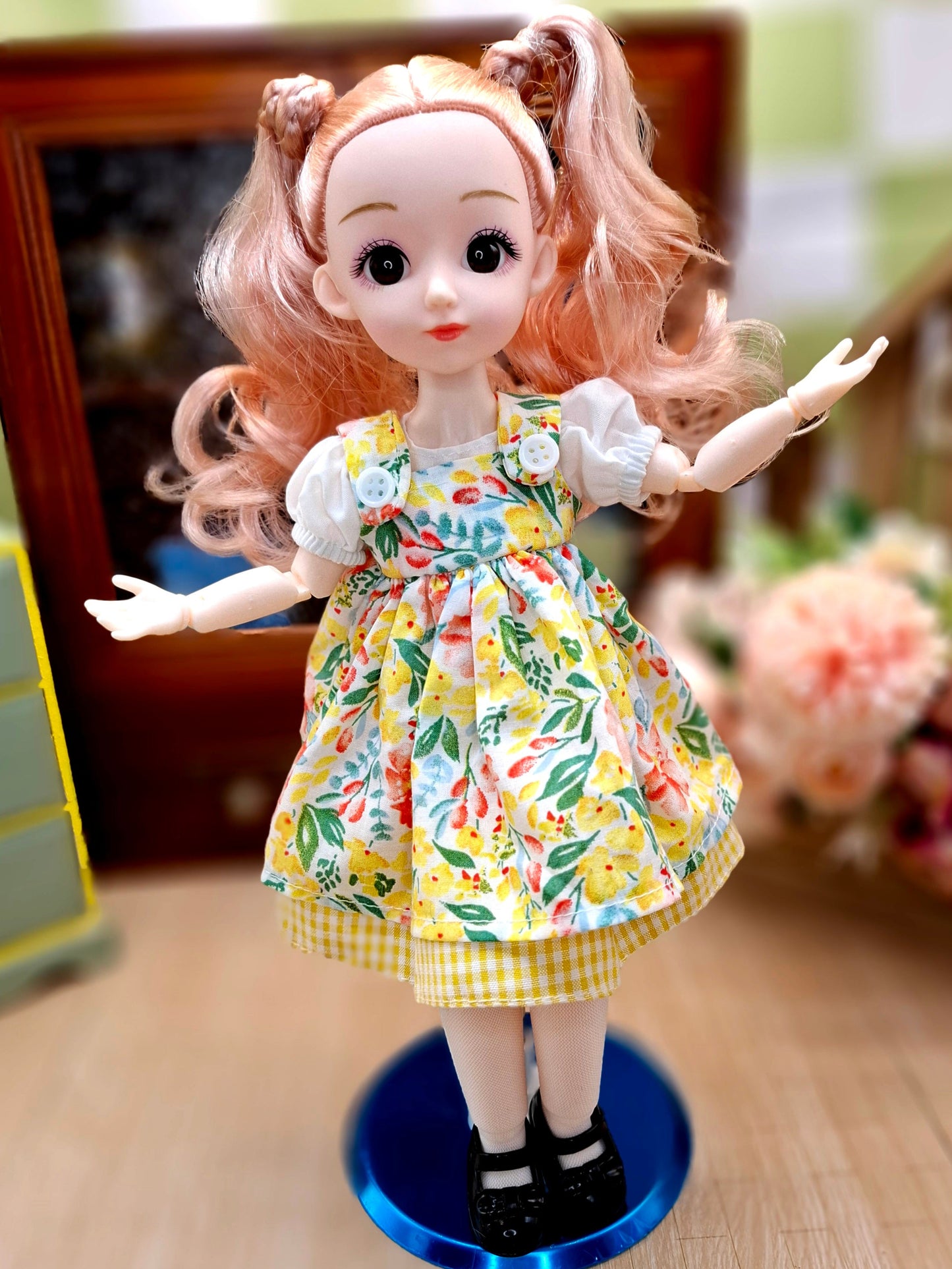 Sarah the Waldorf Doll with blonde hair in yellow floral dress 30cm BJD Doll