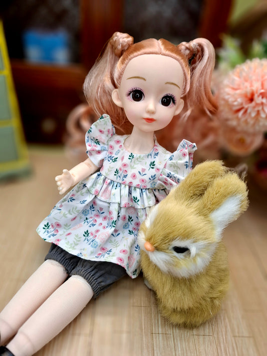 Sarah the Waldorf Doll with blonde hair in floral cottage dress 30cm BJD Doll
