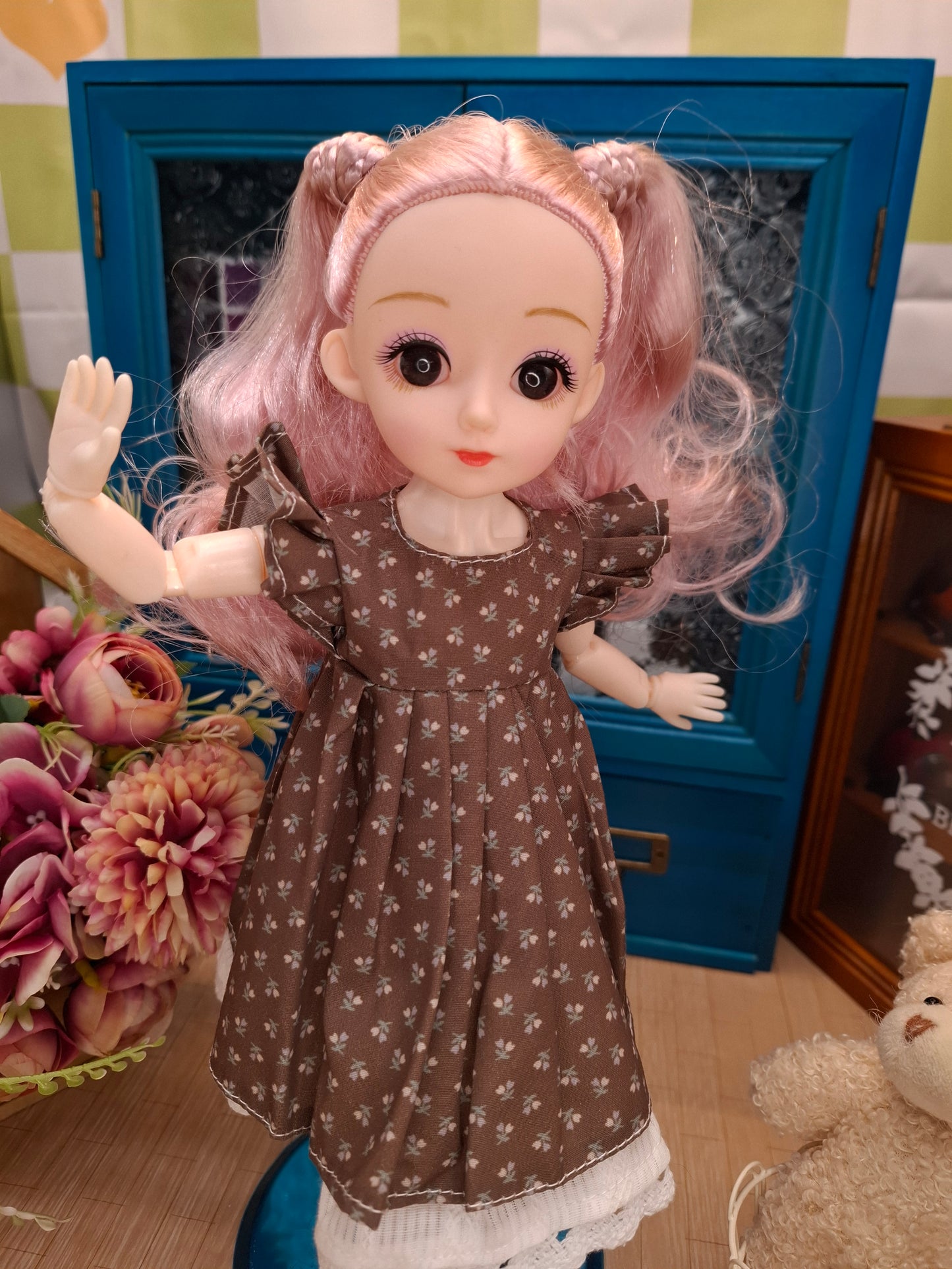 Lisa the Waldorf Doll with pink hair in brown cottage dress 30cm BJD Doll
