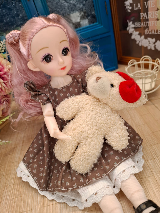 Lisa the Waldorf Doll with pink hair in brown cottage dress 30cm BJD Doll