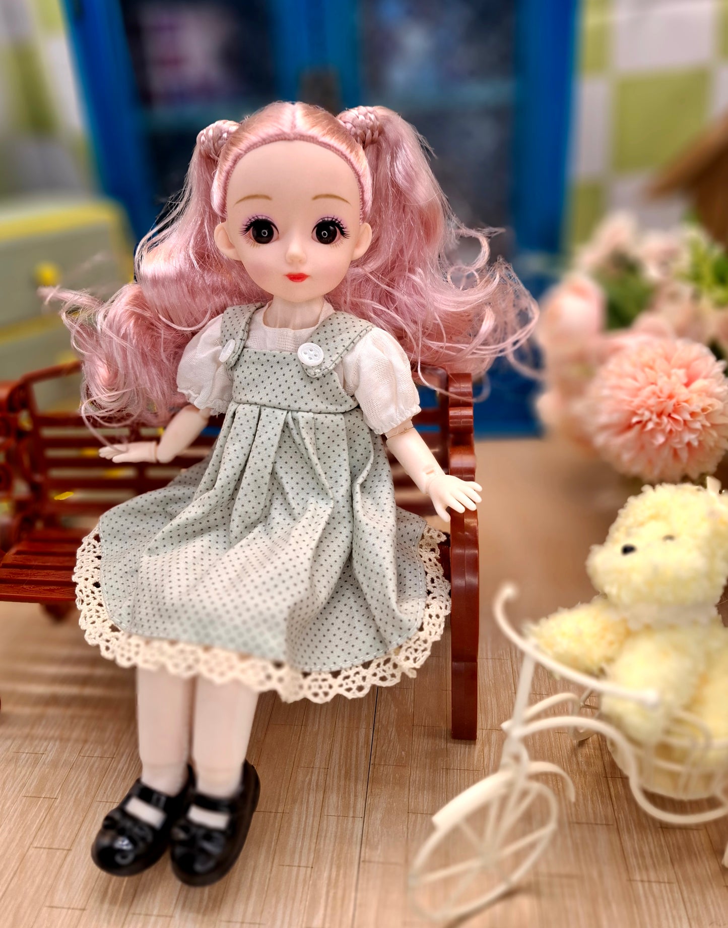 Lisa the Waldorf Doll with pink hair in green cottage dress 30cm BJD Doll