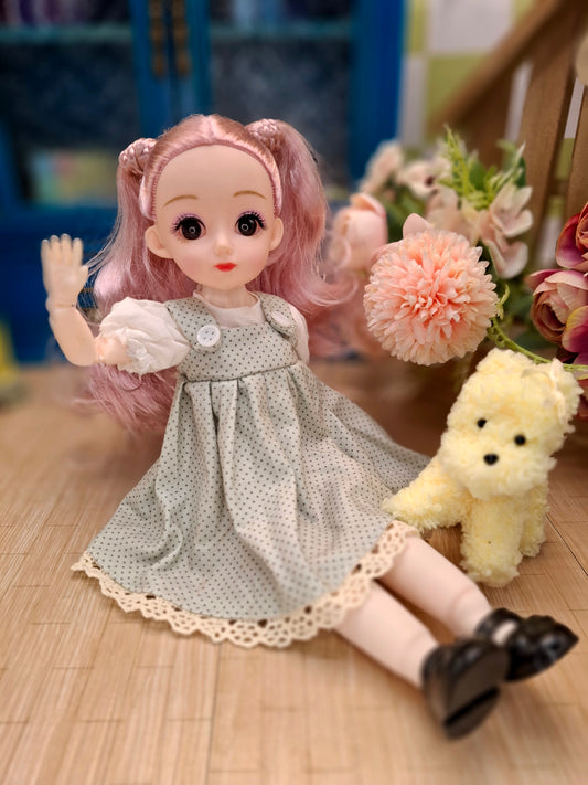 Lisa the Waldorf Doll with pink hair in green cottage dress 30cm BJD Doll