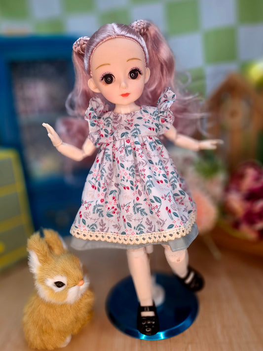 Lisa the Waldorf Doll with pink hair in floral cottage dress 30cm BJD Doll