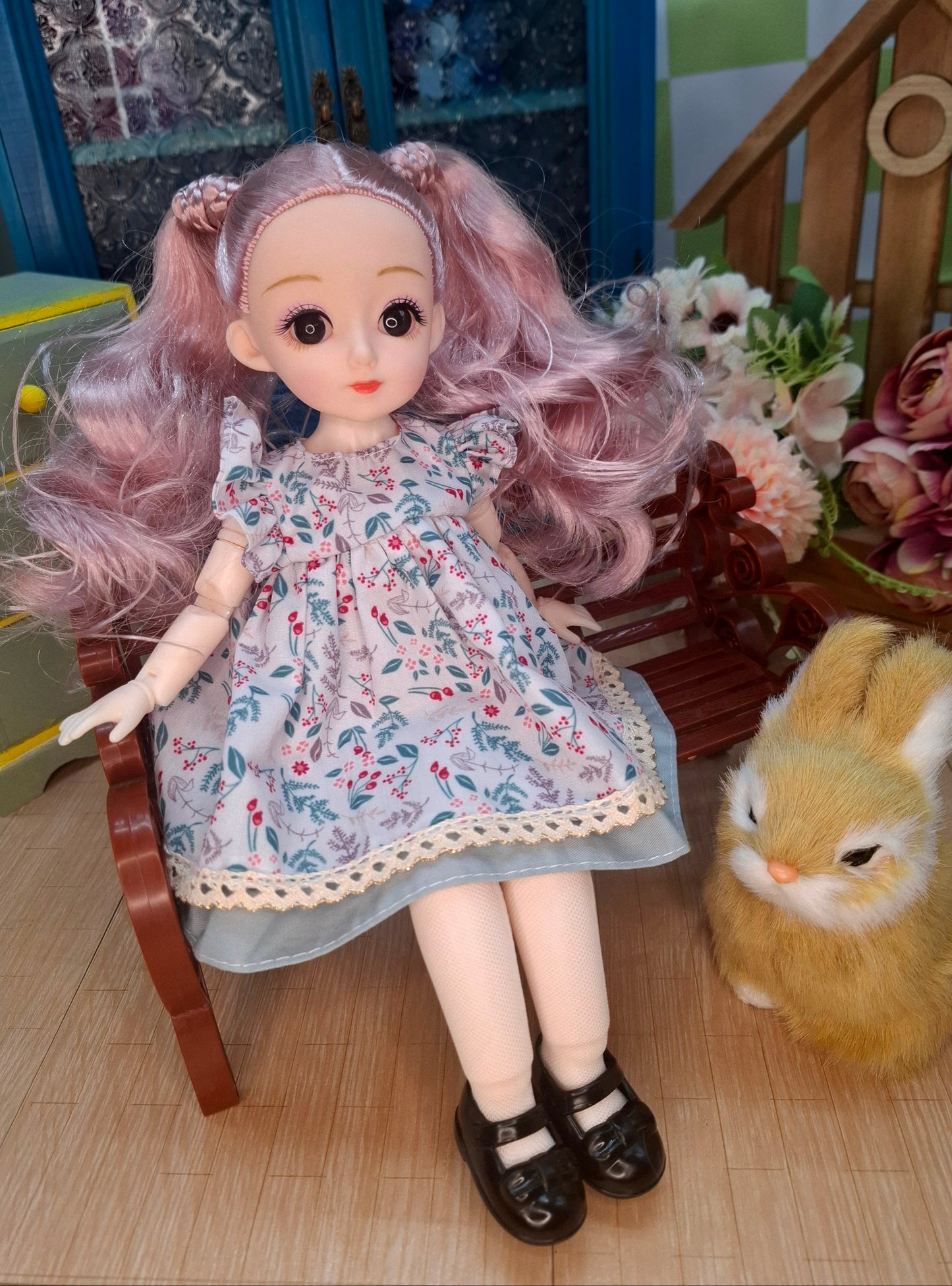Lisa the Waldorf Doll with pink hair in floral cottage dress 30cm BJD Doll