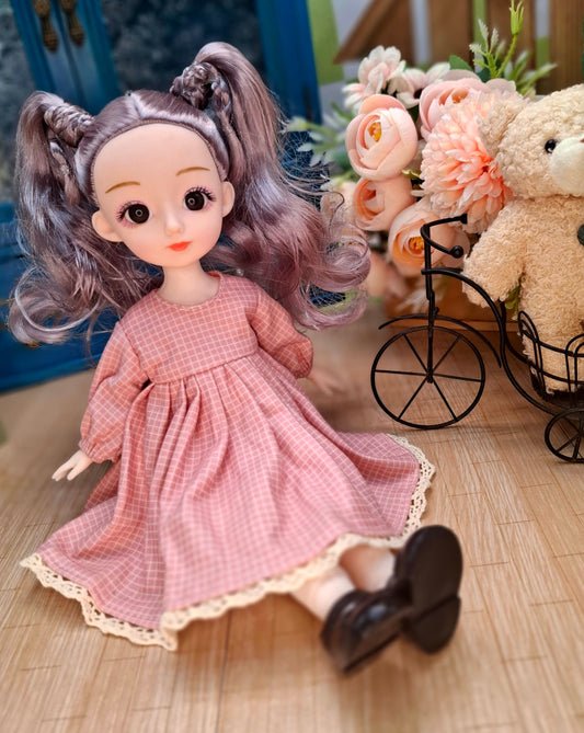 Linda the Waldorf Doll with grey hair in pink cottage dress 30cm BJD Doll