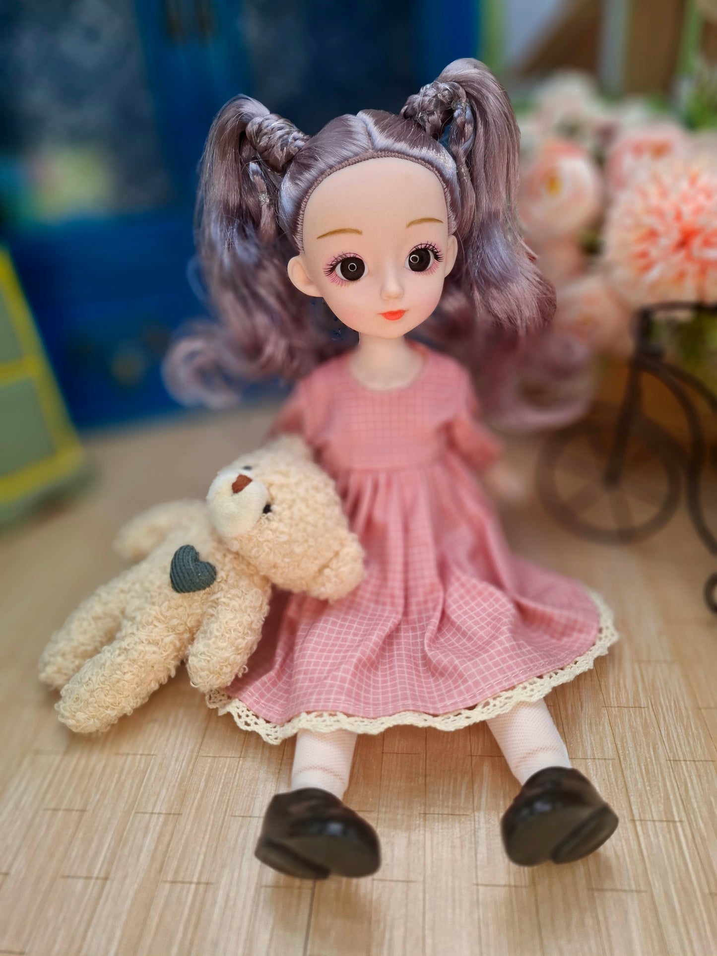 Linda the Waldorf Doll with grey hair in pink cottage dress 30cm BJD Doll