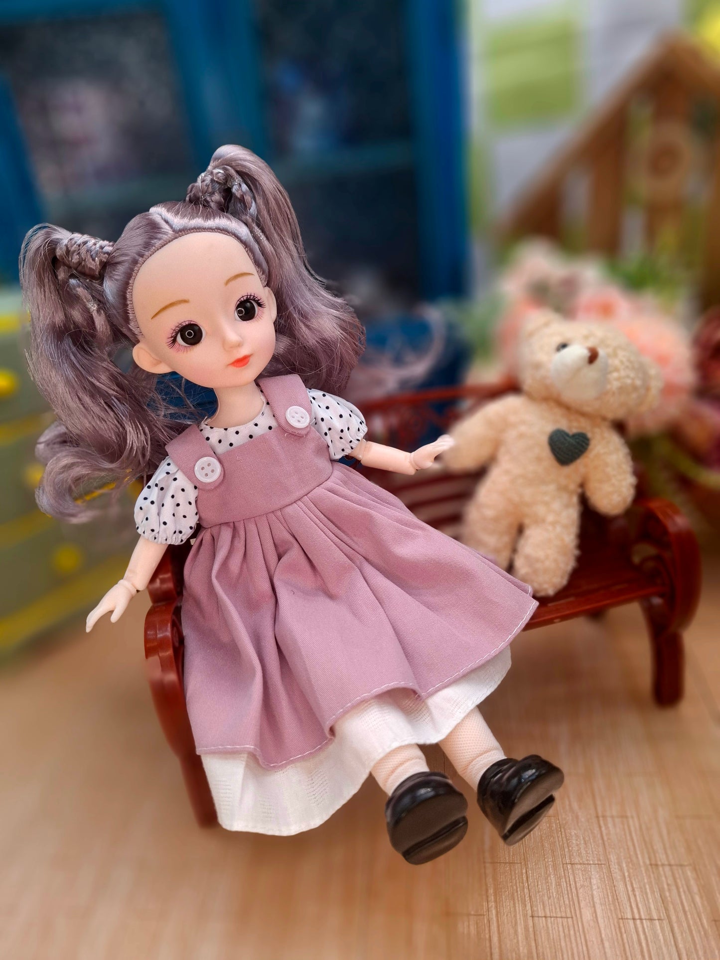 Linda the Waldorf Doll with grey hair in pink dress 30cm BJD Doll