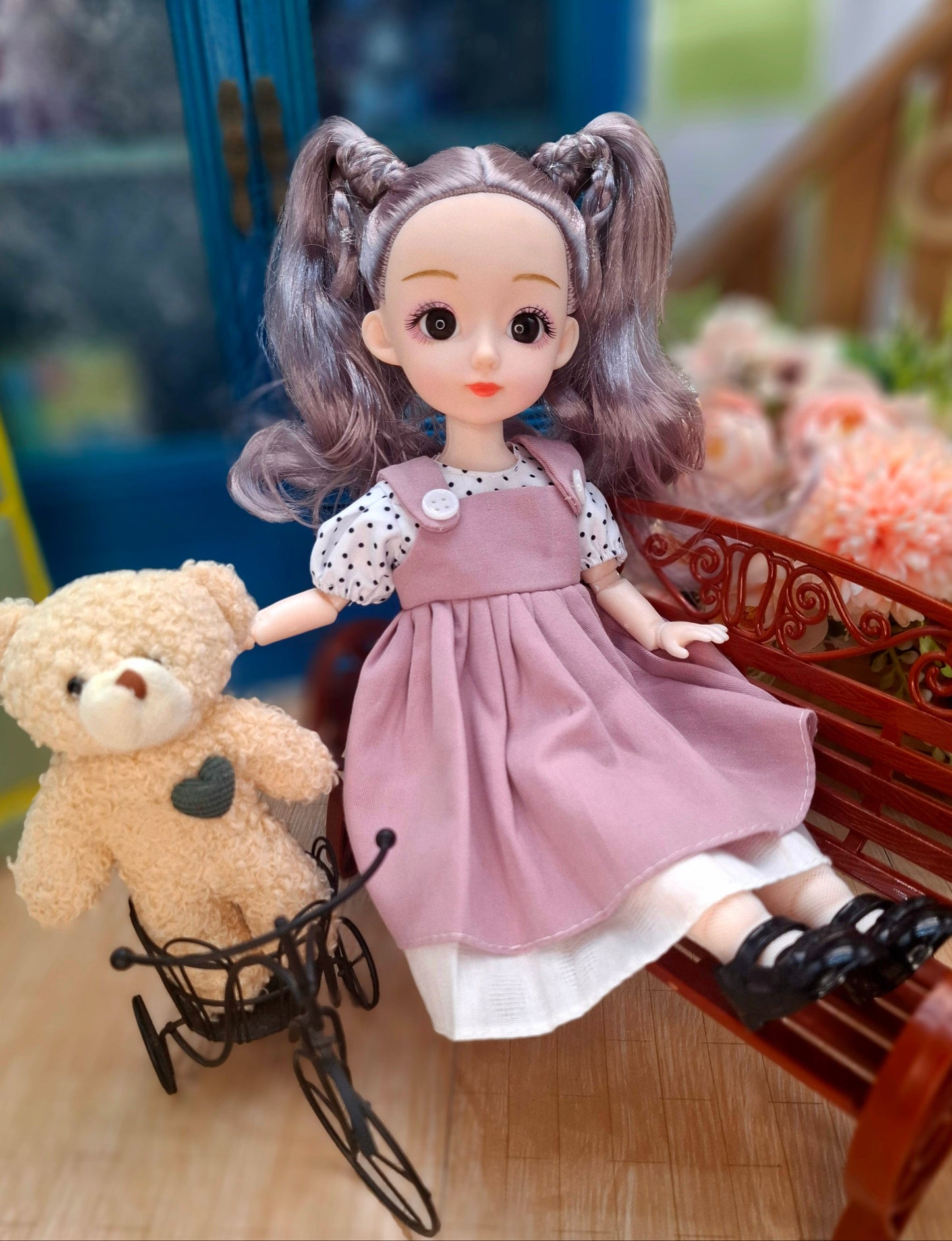 Linda the Waldorf Doll with grey hair in pink dress 30cm BJD Doll