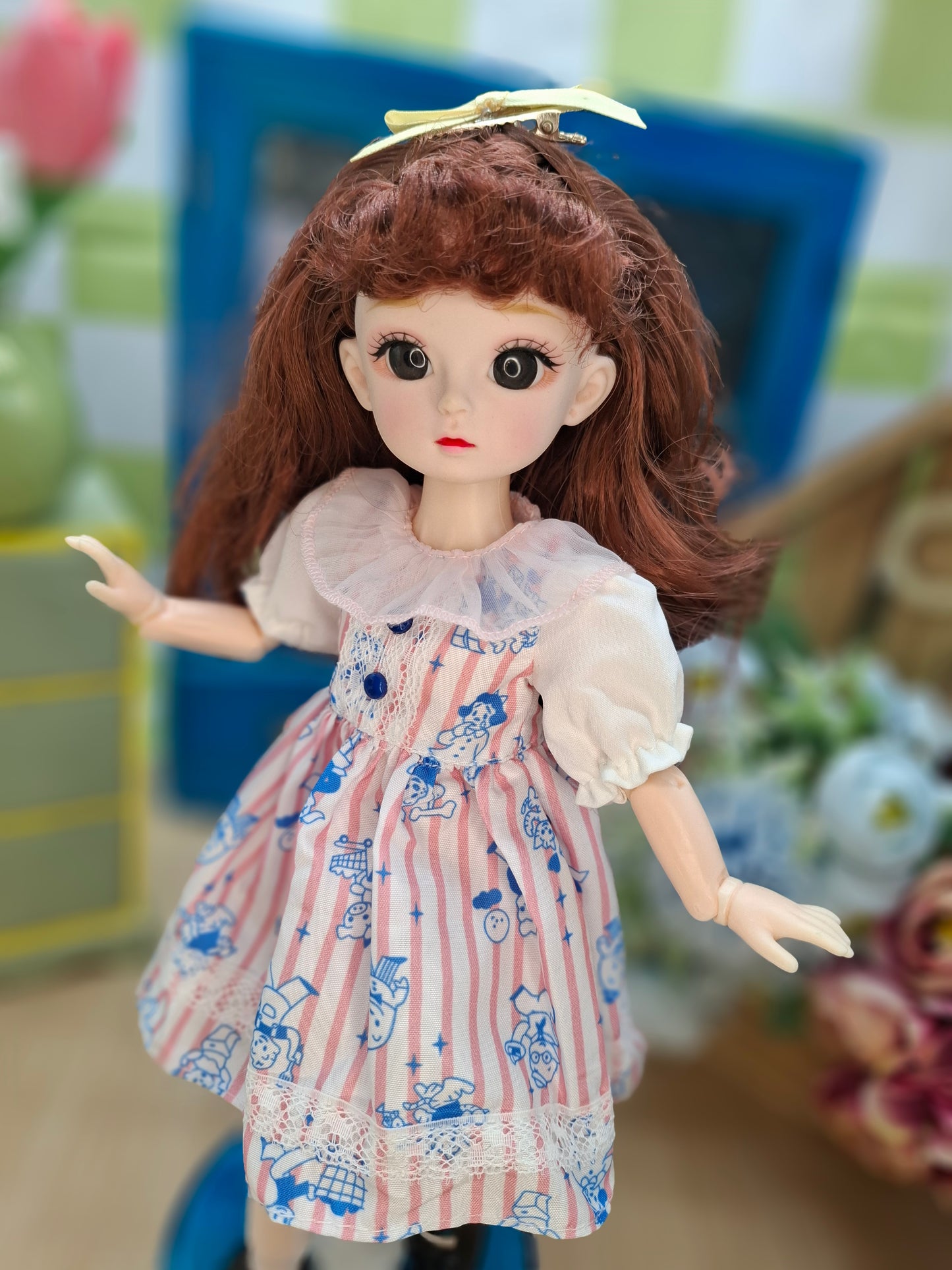 Mary the Waldorf Doll with brown hair in pink cartoon dress 30cm BJD Doll