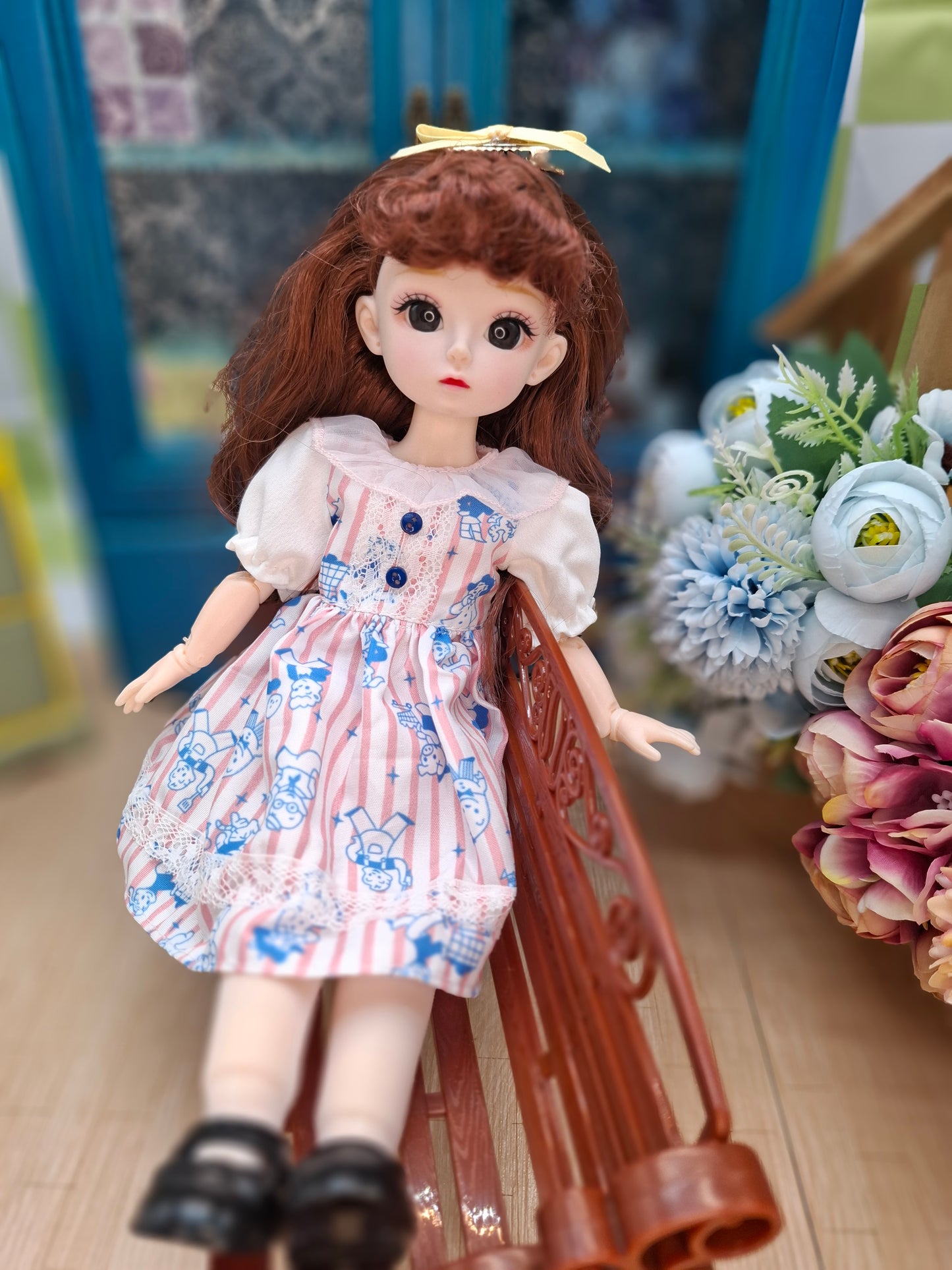 Mary the Waldorf Doll with brown hair in pink cartoon dress 30cm BJD Doll