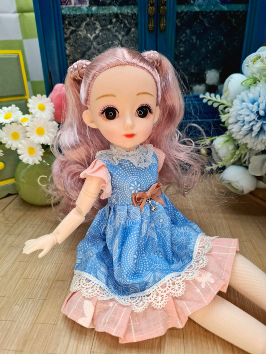 Lisa the Waldorf Doll with pink hair in blue dress 30cm BJD Doll