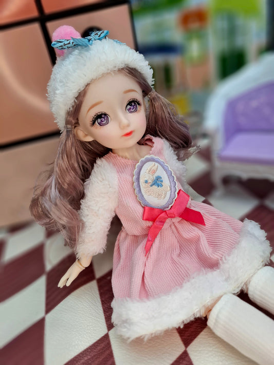 Rachel with purple eyes  in fluffy pink dress  30cm BJD Doll