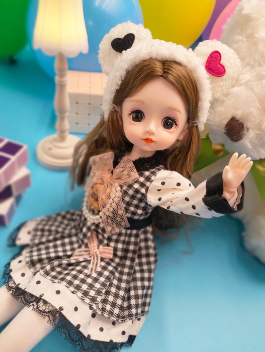 Cute brunette with bear hat 30cm BJD Doll