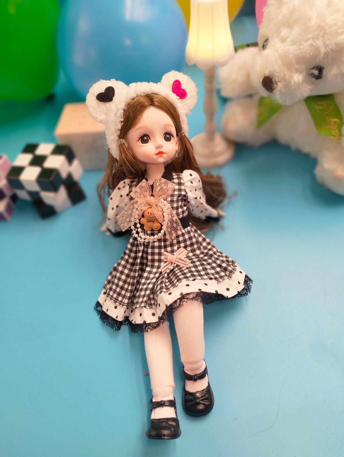 Cute brunette with bear hat 30cm BJD Doll