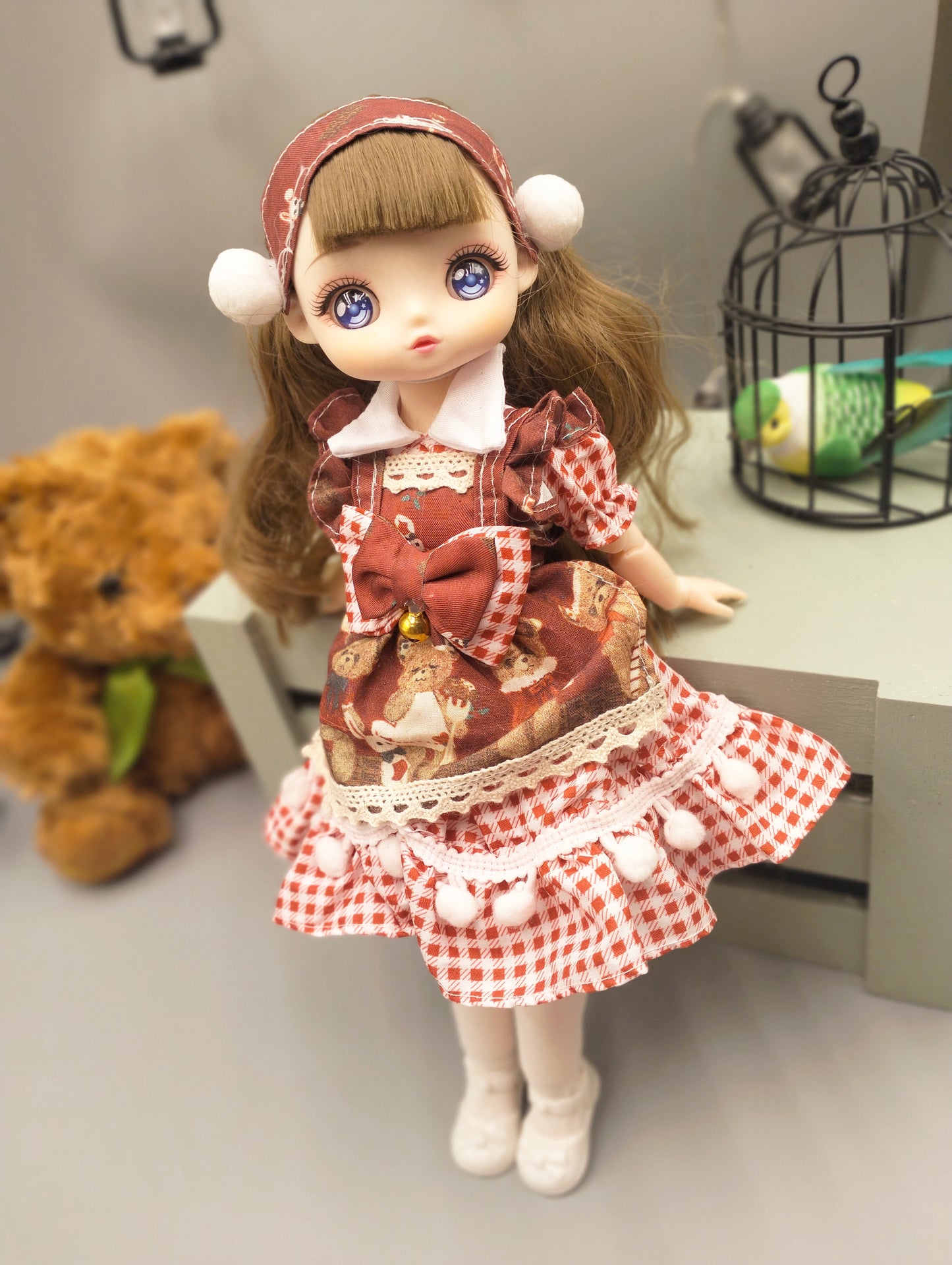Anime Manga brunette girl in red dress 30cm BJD Doll
