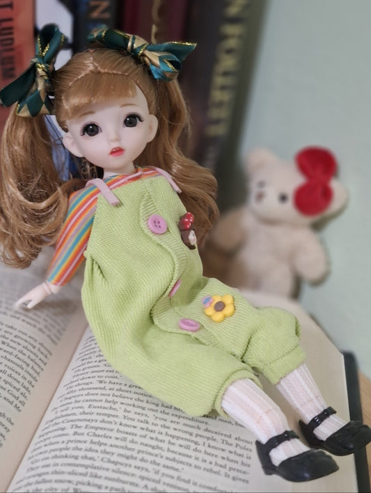 Double ponytails golden blonde girl in green overall 30cm BJD Doll