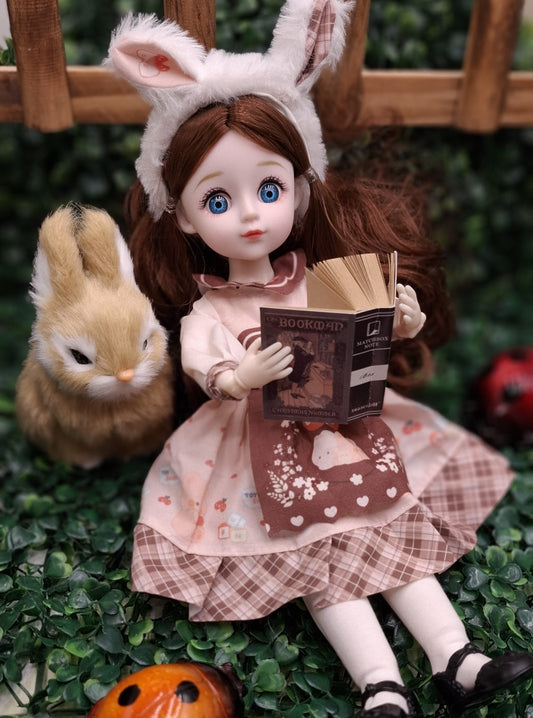 Brunette cottage girl with bunny's ears 30cm BJD Doll