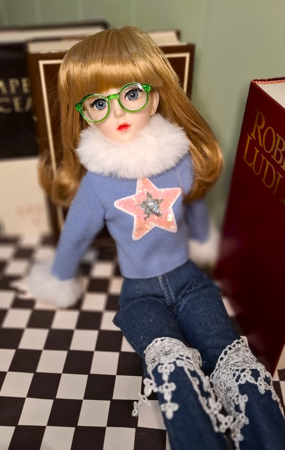 Nostalgic Golden Blonde Girl in Flared Blue Jeans with Vintage Glasses 1/3 60cm BJD Doll