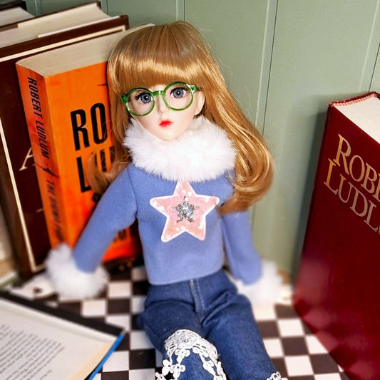 Nostalgic Golden Blonde Girl in Flared Blue Jeans with Vintage Glasses 1/3 60cm BJD Doll